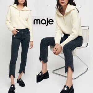 Maje Straight Leg Jeans with Ripped Hems, Size US 6 High-Waisted Anthracite Grey